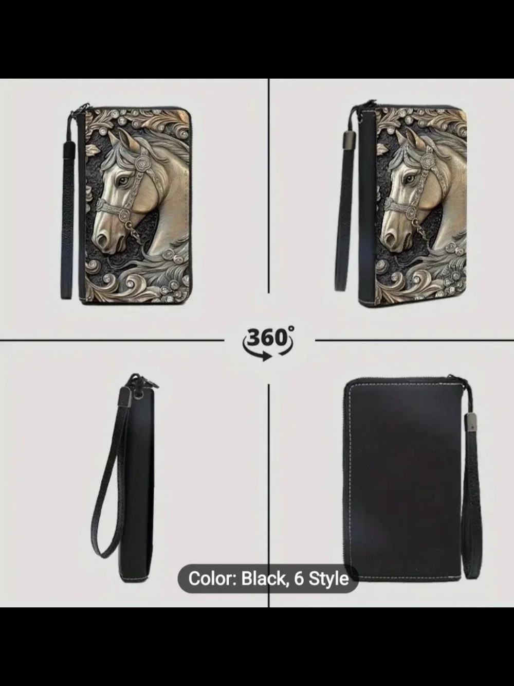 Horse Embossed Relief Full Zip Multi-Card Wallet/Phone Case W/Wristlet Strap